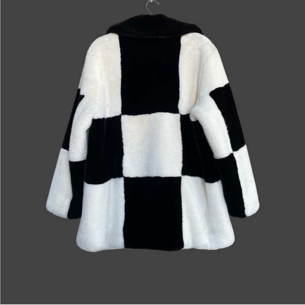 MANGO BLOGGER Black & White Checked Plush Faux Fur Coat Checkered Jacket Coat - Picture 7 of 17